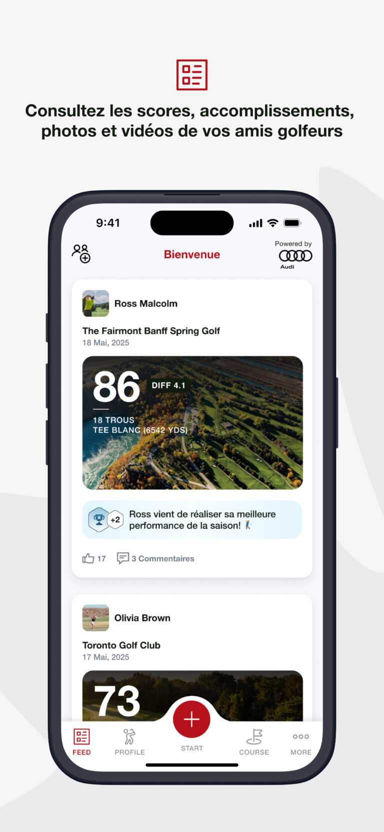 Consultez les scores, accomplissements, photos et vidéos de vos amis golfeurs