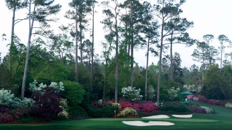 Vue d’un vert de golf magnifiquement entretenu, entouré de fosses de sable blanc et d’une végétation luxuriante composée de grands pins et de massifs de fleurs colorées en pleine floraison.