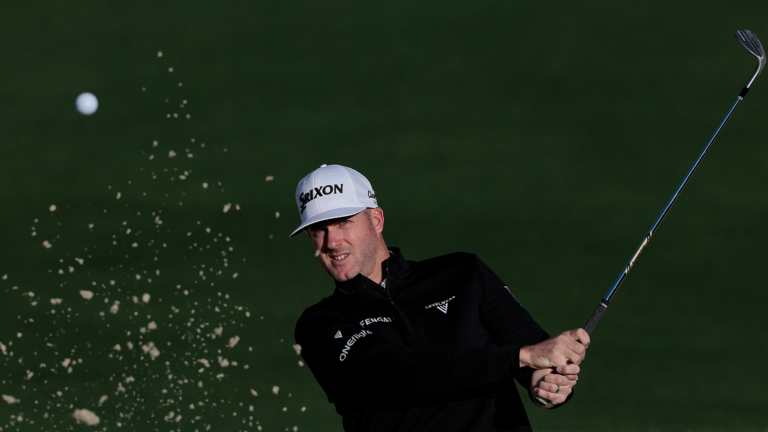 AUGUSTA, GEORGIA - APRIL 08: Taylor Pendrith of Canada plays a shot from a bunker on the second hole during a practice round prior to the 2025 Masters Tournament at Augusta National Golf Club on April 08, 2025 in Augusta, Georgia. (Photo by Harry How/Getty Images)