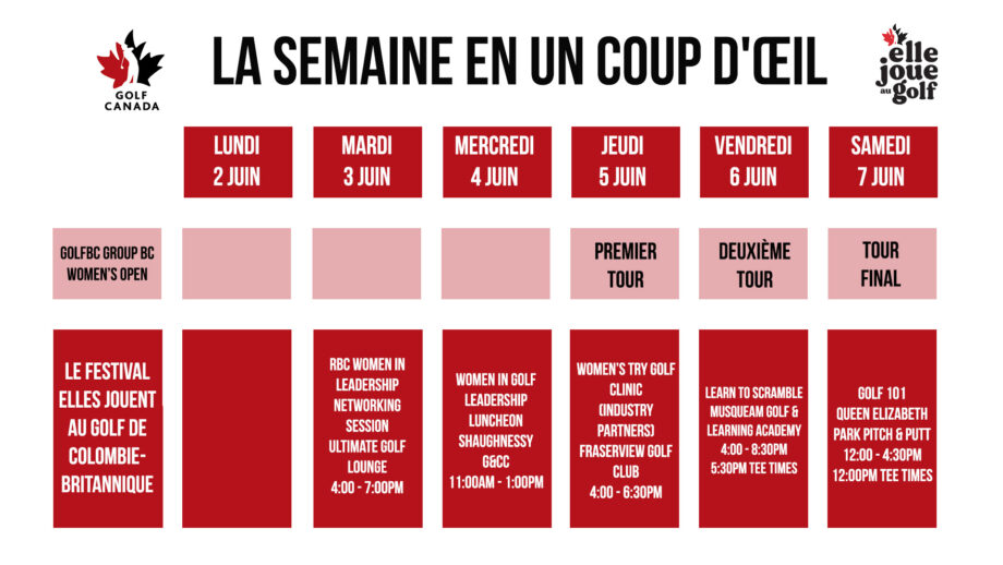 BC She Plays Golf Festival Week at a glance French