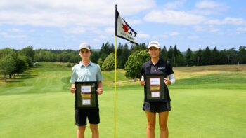 Cole Stewart and Emma Zheng hold plaques following wins at NextGen Atlantic Championship / Trevor MacMillan / Golf Canada