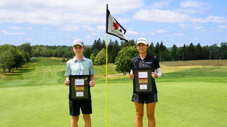 Cole Stewart and Emma Zheng hold plaques following wins at NextGen Atlantic Championship / Trevor MacMillan / Golf Canada