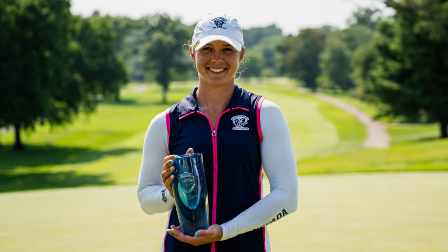 Leah John celebrates her first professional victory from the Epson Tour at the Four Winds Invitational. (Credit: Epson Tour)