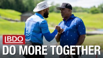Teammates celebrate a shot at the 2026 BDO National Golf League (Christian Bender)